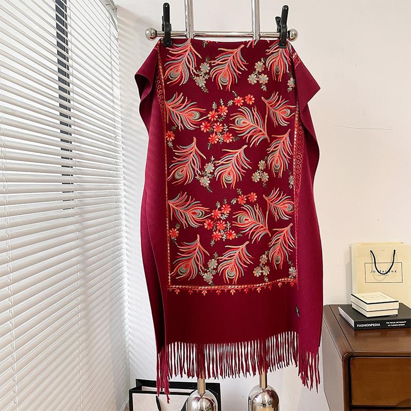 Winter Warm Cashmere Scarf for Women Floral Embroidery Pashmina Blanket Thick Shawl Wrap Neckerchief Elegant Poncho Bufanda