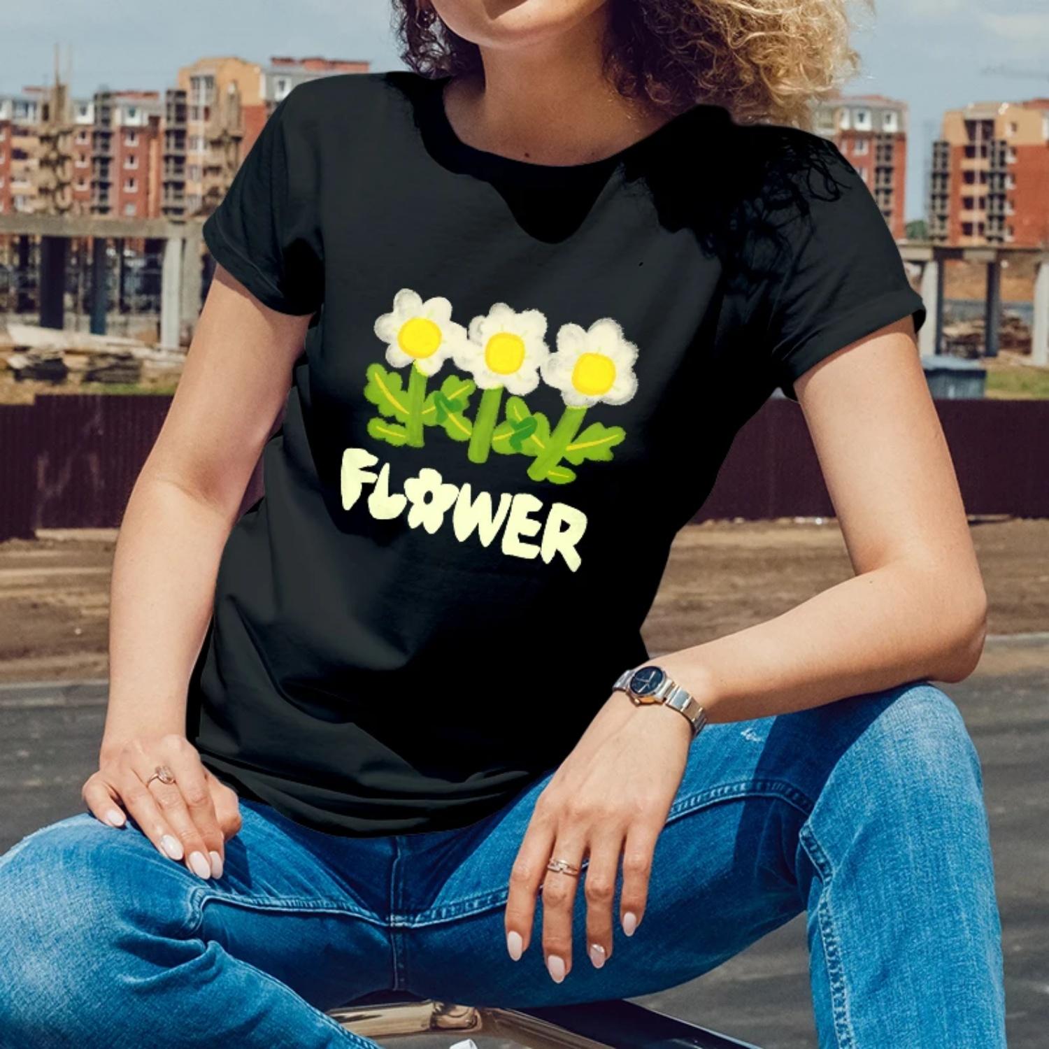 

Summer Womens Short Sleeve CottonTShirt Flower Daisy Print for Outdoor Summer Walks Young Women with a Fresh Casual Style S чёрный