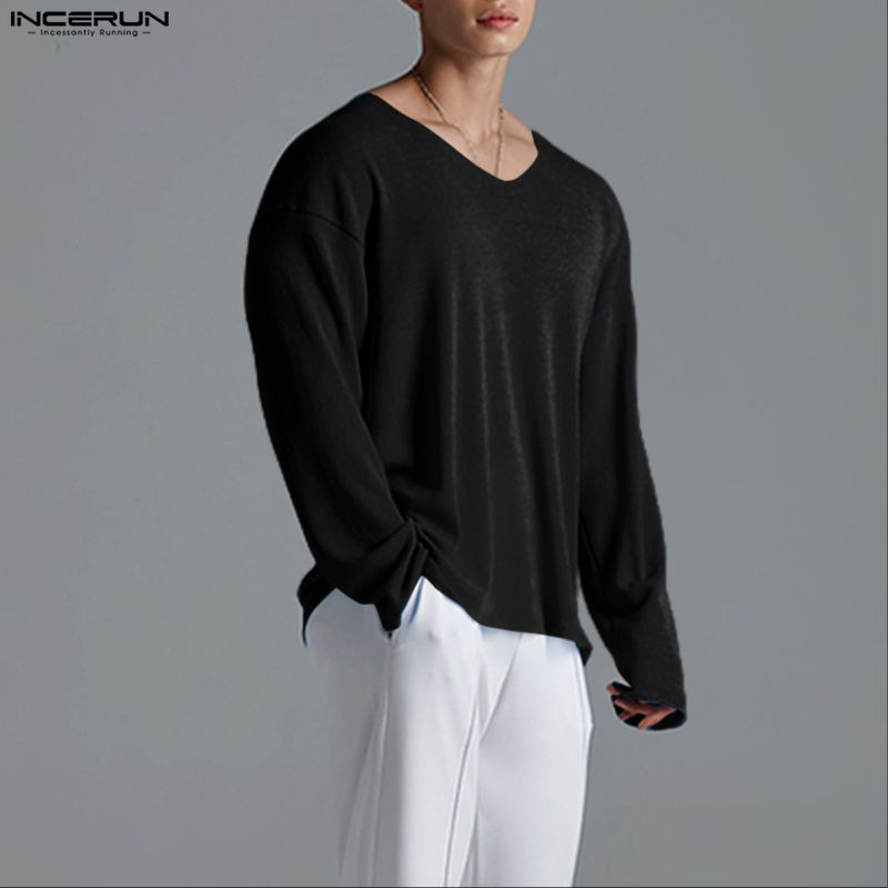 INCERUN Oversized Men Undershirts V Neck Long Sleeve Casual Loose T-shirts Tops