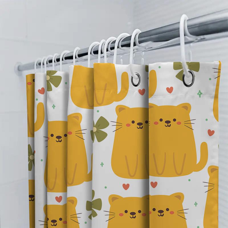 Bright Yellow Cat Shower Curtain With Cute Cartoon Patterns Modern Bathroom Decor For Kids Room Or Bathing Area (180X180Cm)