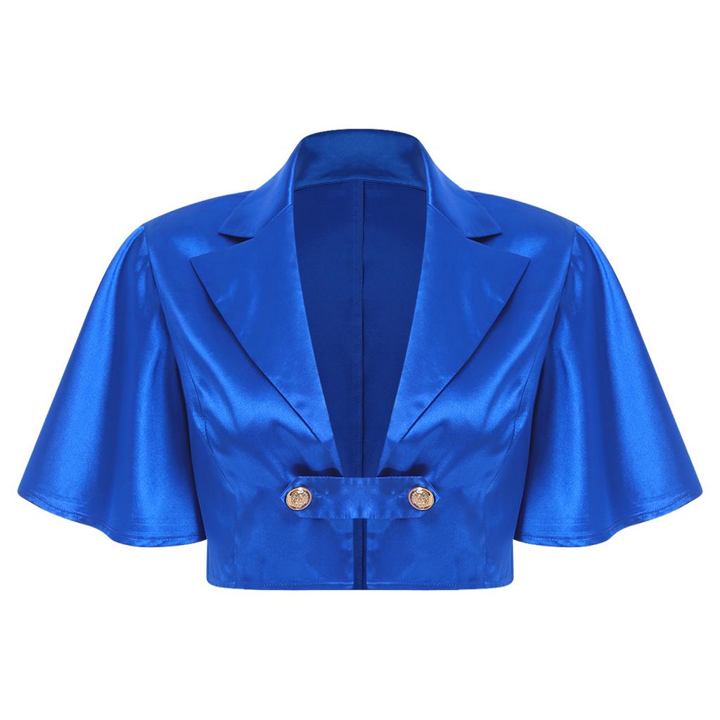 Women Satin Jacket Top Lapel Collar Flutter Sleeve Front Button Blouse Victorian Style for Casual Daily Party Wear