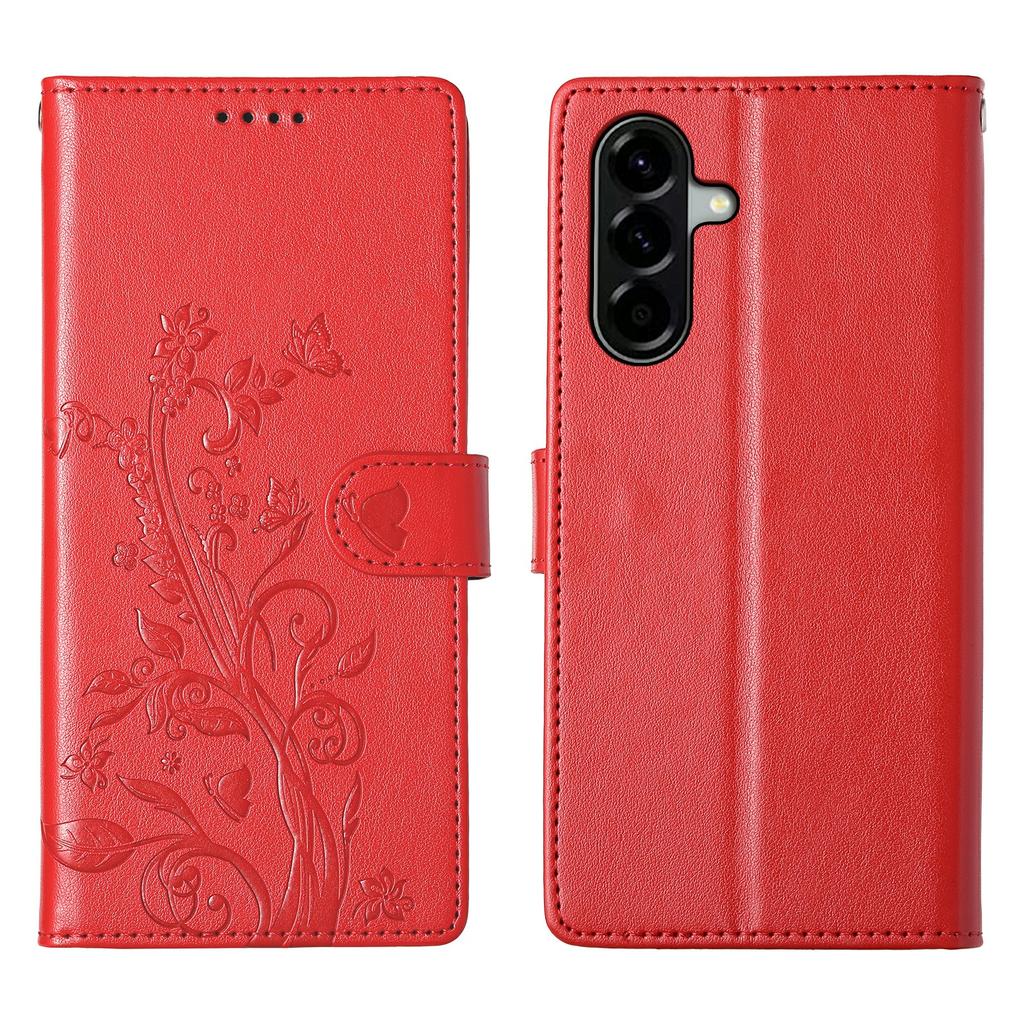 For Samsung Galaxy A36 5G Wallet Case Butterfly Floral Imprint PU Leather Phone Cover with Wrist Strap