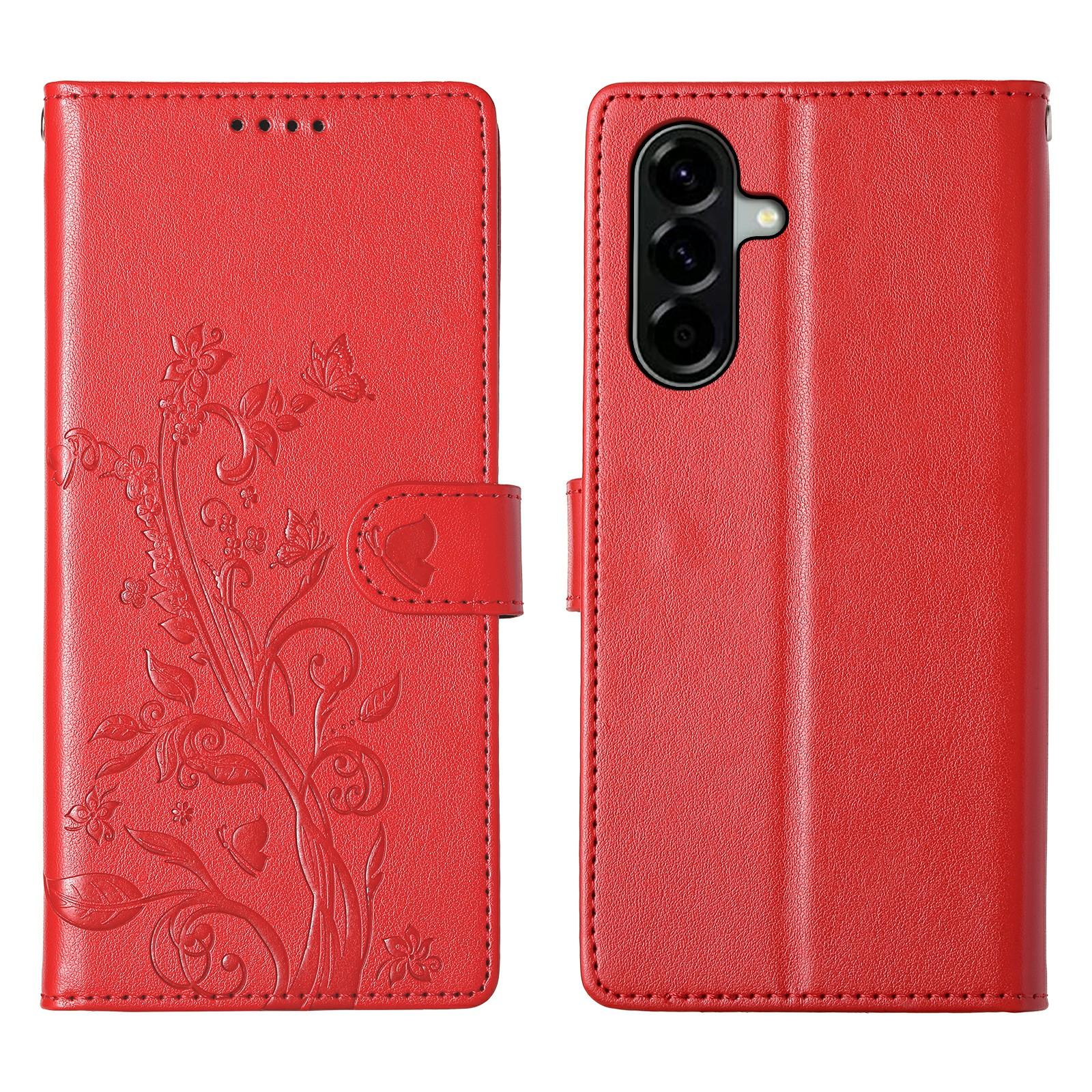 

For Samsung Galaxy A56 5G Wallet Case Butterfly Floral Imprint PU Leather Phone Cover with Wrist Strap Red