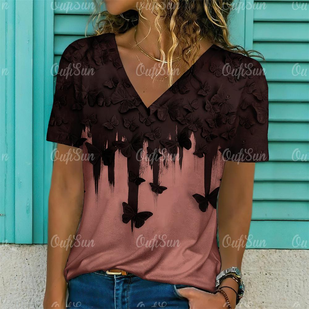 

2024 Summer Women Tops Fashion Short Sleeve 3d Butterfly Print Beauty T Shirt Streetwear Loose Gradient Casual Female Clothing L