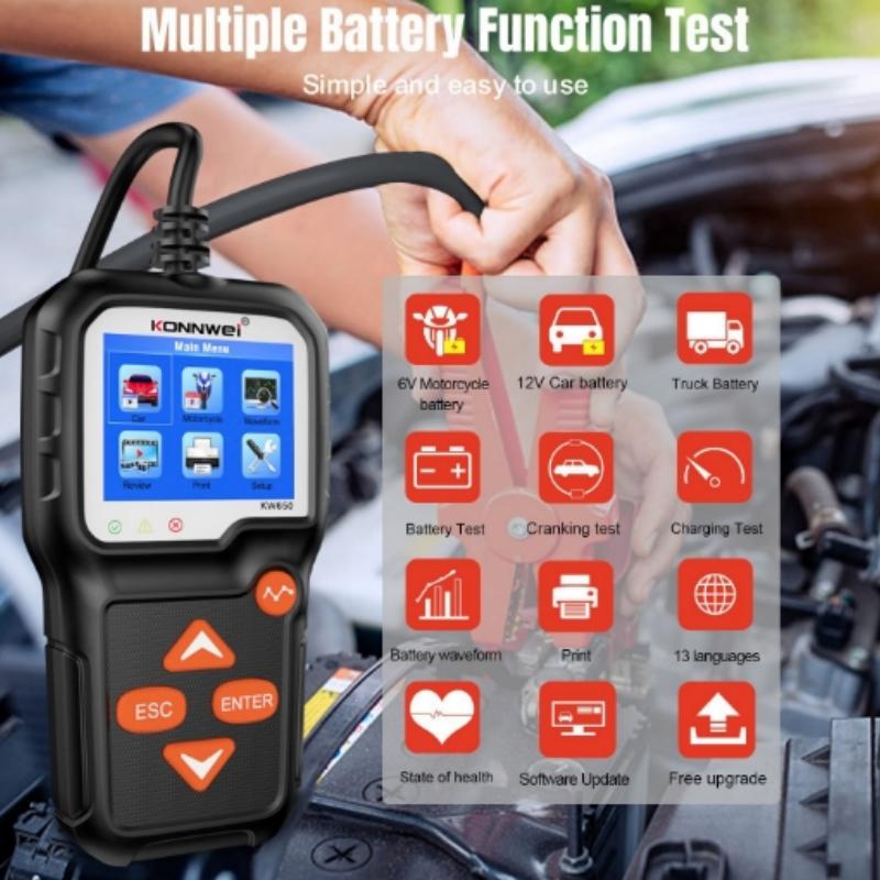 KONNWEI KW650 6V 12V Car Battery Tester 100 To 2000 CCA Motorcycle Auto Battery Analyzer Car Moto Cranking Charging Test Tool
