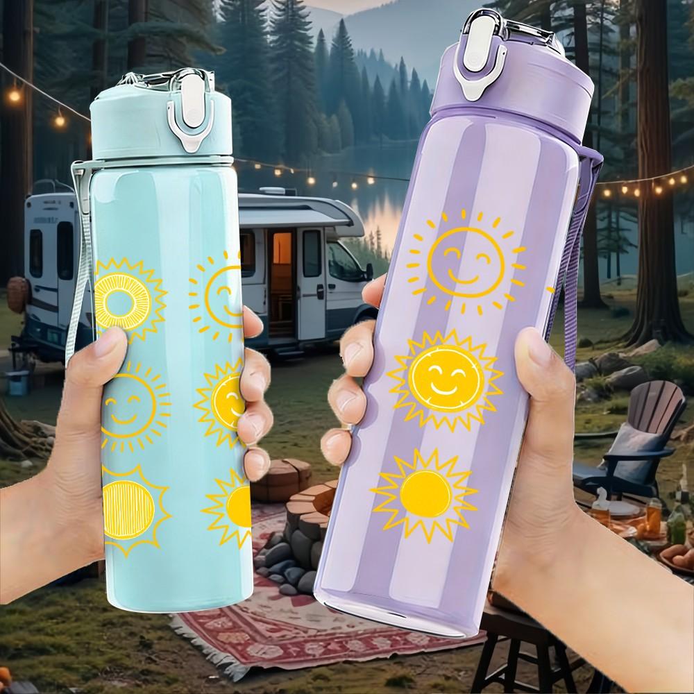 1PC Multi Sun Repeat Pattern 750ml Color Plastic Sports Water Bottle Leakproof Flip Straw Lid Suitable for Sports Office Home Use