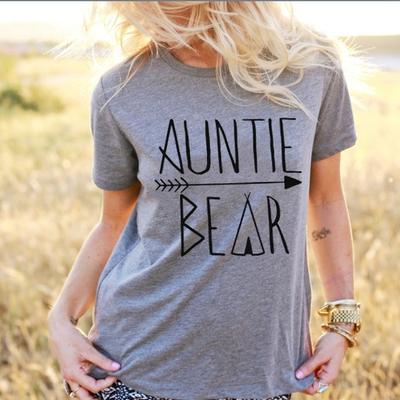 Women Fashion Letter AUNTIE BEAR Print Harajuku Short Sleeve Round Neck T-shirts Graphic Tees Tops