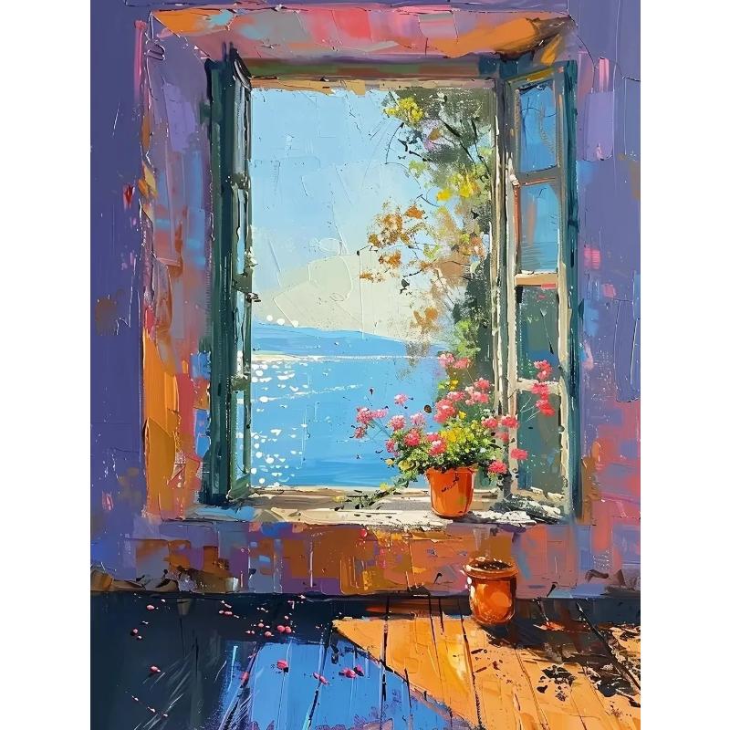 Abstract Colorful Graffiti Town Landscape Canvas Painting Modern Art Window Sea View Aesthetic Posters Prints Living Room Decor