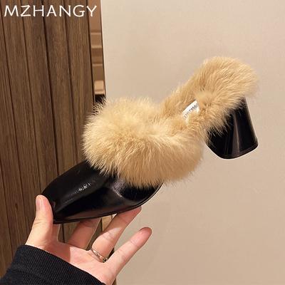 Mode Pelz Damen High Heels Baumwollpantoffeln Mode Neu Klobige Elegante Schuhe 2025 Trend Winter Party Flip Flops Pumps Plüsch Schnee Botas
