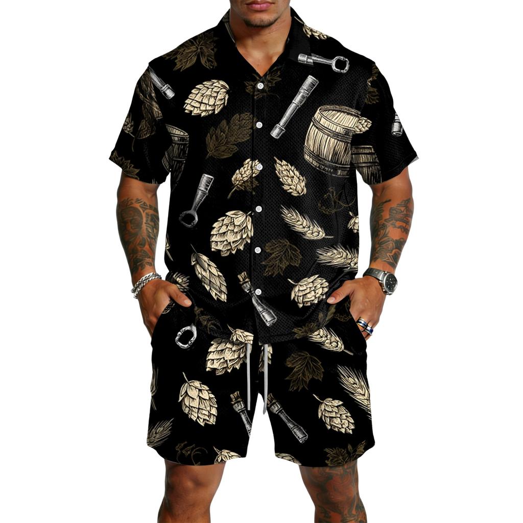 Herren Casual Kurzarmhemd und Shorts Set Bierfest Druck Knopfleiste Leichtes Sommeroutfit Entspannte Passform