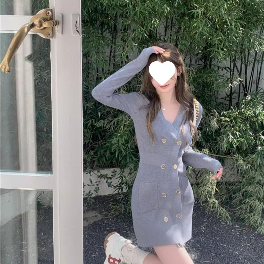 Lazy Wind Collar Knitted Dress Women's Autumn and Winter Temperament Socialite with Coat Inside with Thin Backing Sweater Skirt