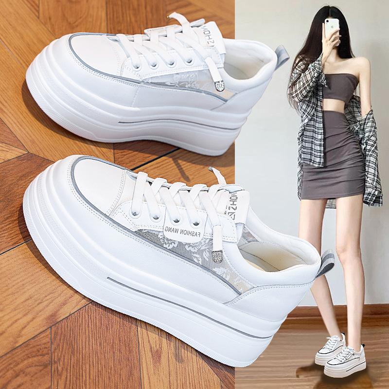 Białe buty na grubej podeszwie dla kobiet, Wiosenne sportowe buty codzienne, Uniwersalne płaskie buty podwyższające dla kobiet