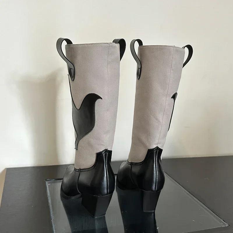 Luxury Pointed Toe Western Cowboy Boots Women  New Retro Knight Boots for Women Leather Splicing Chunky Heel Mid Calf Boots