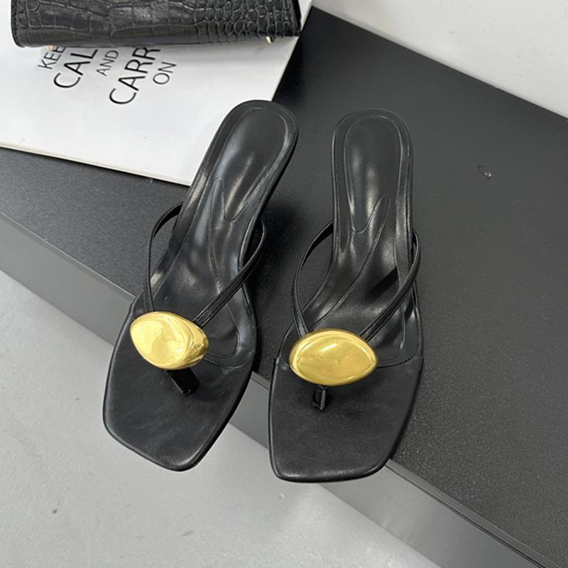 

Fashion SUOJIALUN Summer New Brand Women Slipper Fashion Gold Metal Buckle Slip On Ladies Elegant Flip Flop Shoes Thin High Heel Slides 36 чёрный
