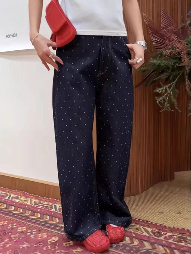 IM2026 Women's High-Waisted Retro Polka Dot Leather Bag Jeans - Slimming, Versatile Wide-Leg Long Pants