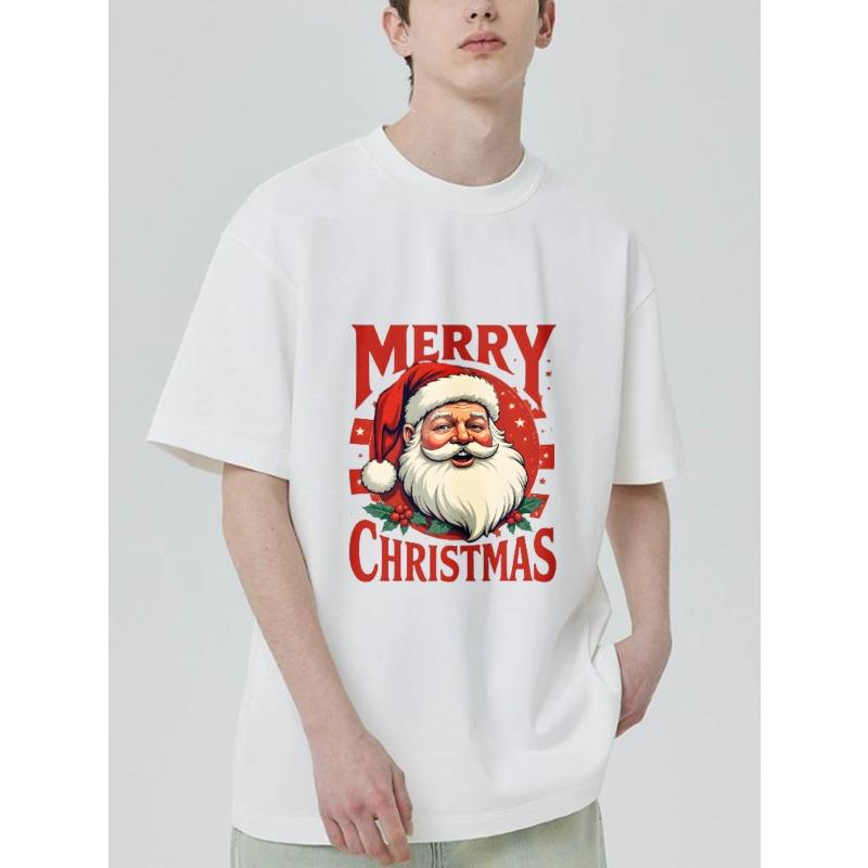 Merry Christmas Santa Claus Print T Shirt Black Holiday Party Casual Wear Men's Summer Top