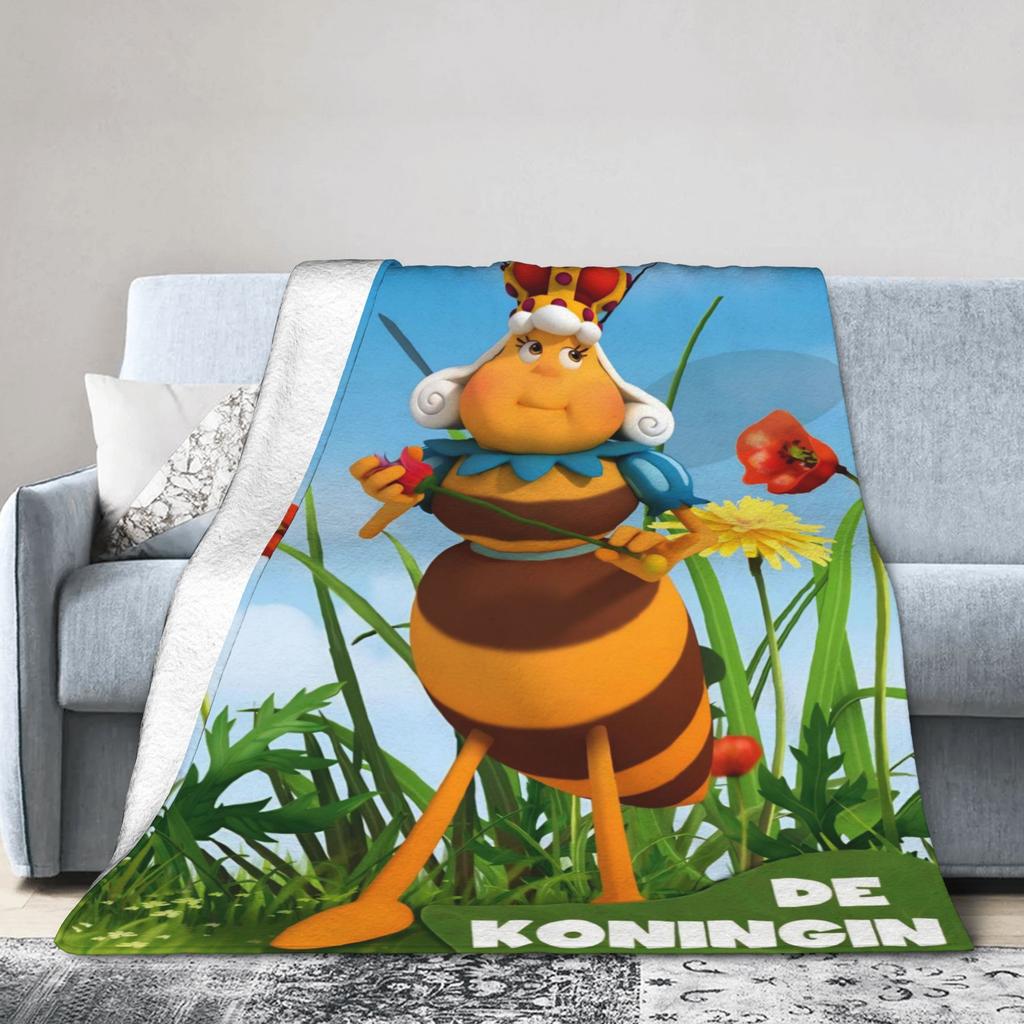 Super Soft Maya The Bee With Flowers Cartoon Throw Blanket Premium Flannel Fleece Lightweight  Bed Blanket Fuzzy Plush Blankets