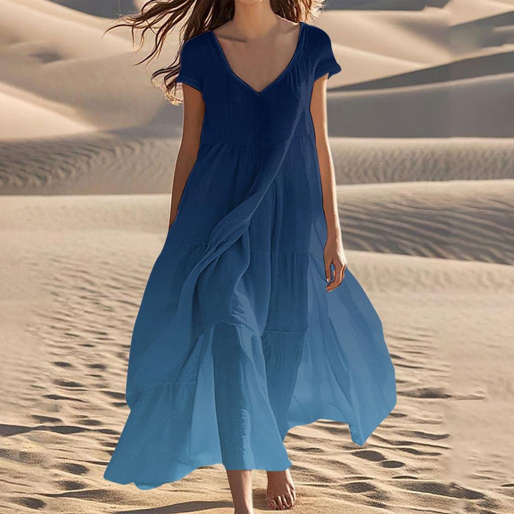 Women's Summer V-Neck Beach Long Short Sleeve Patchwork Gradient Dresses