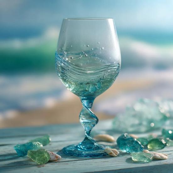 Spiral Cup Handle Wine Glass with Gradient Blue-Green Tone Unique Wave Texture Design Handheld Spiral Wine Cup