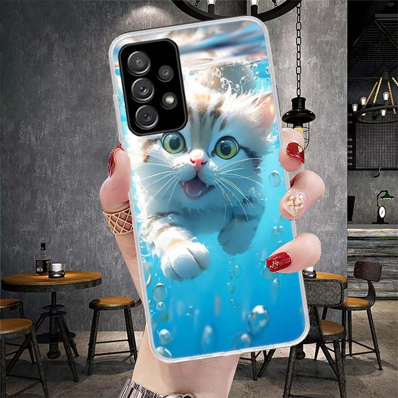 Cartoon Cute Cat Fish Aesthetic Soft Phone Case For Samsung Galaxy A12 A22 A32 A52 A72 A02S A51 A50S A71 A70 A31 A20S Note 20 Ul