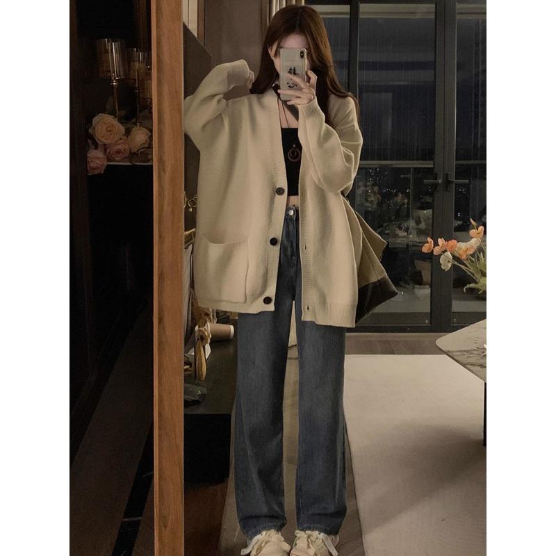 

Soft waxy lazy wind sweater cardigan women s spring and autumn new high-end V-neck thin knitted coat 0373 average size [85-65kg]