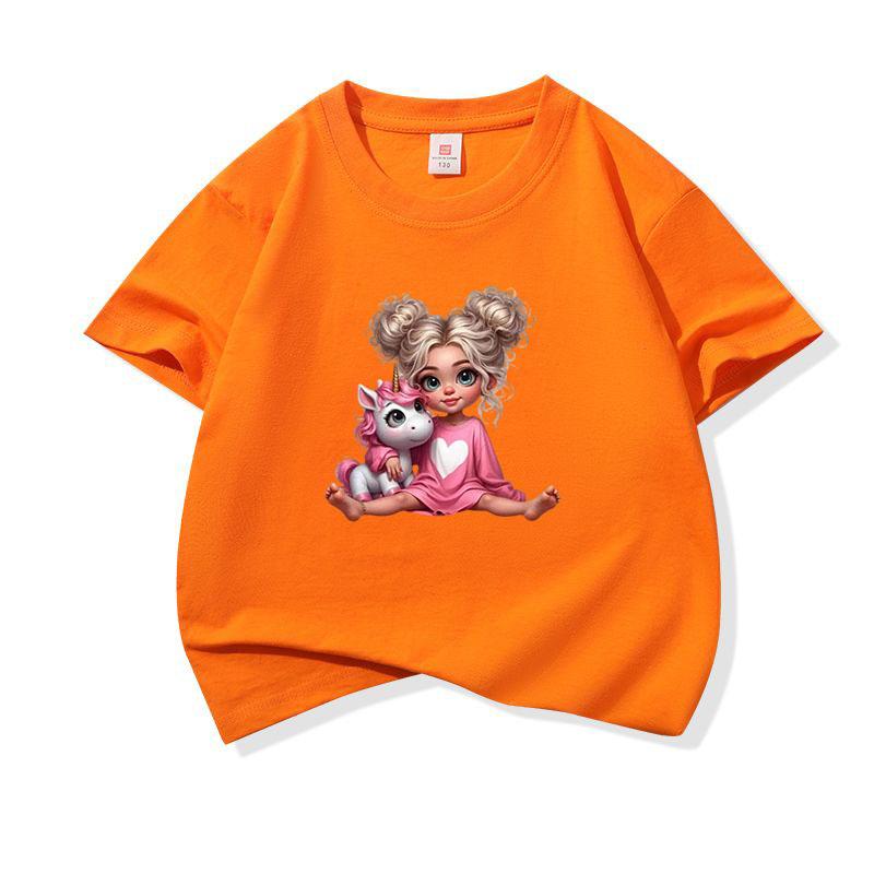 Kids Pure Cotton T Shirt Girl Sitting With Pink Unicorn Print Crew Neck Short Sleeve Tee Casual Boys Girls Summer Tops