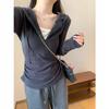 Women's Korean-Style Grey Two-Piece Look Hooded Cropped Long-Sleeve T-Shirt with Slim Fit Fleece Inner Layer for Spring/Autumn