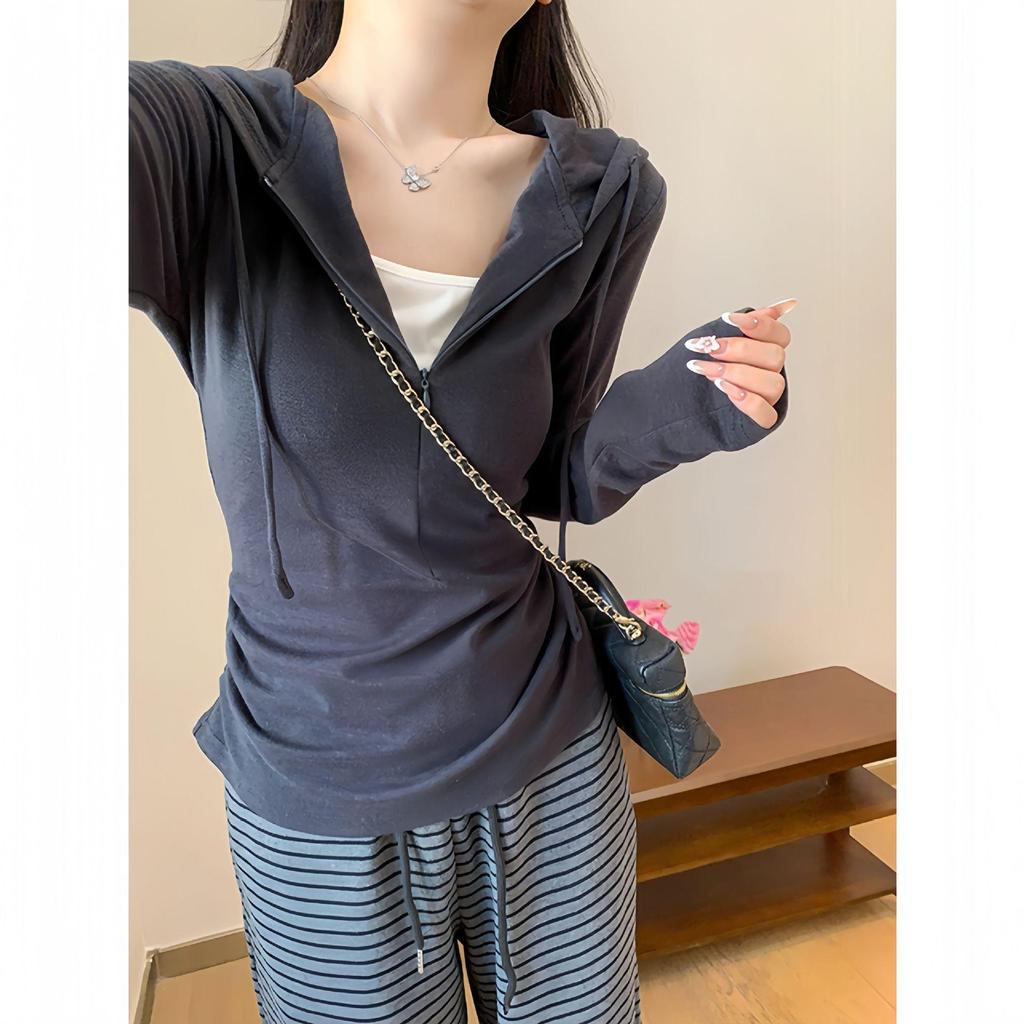 Women's Korean-Style Grey Two-Piece Look Hooded Cropped Long-Sleeve T-Shirt with Slim Fit Fleece Inner Layer for Spring/Autumn
