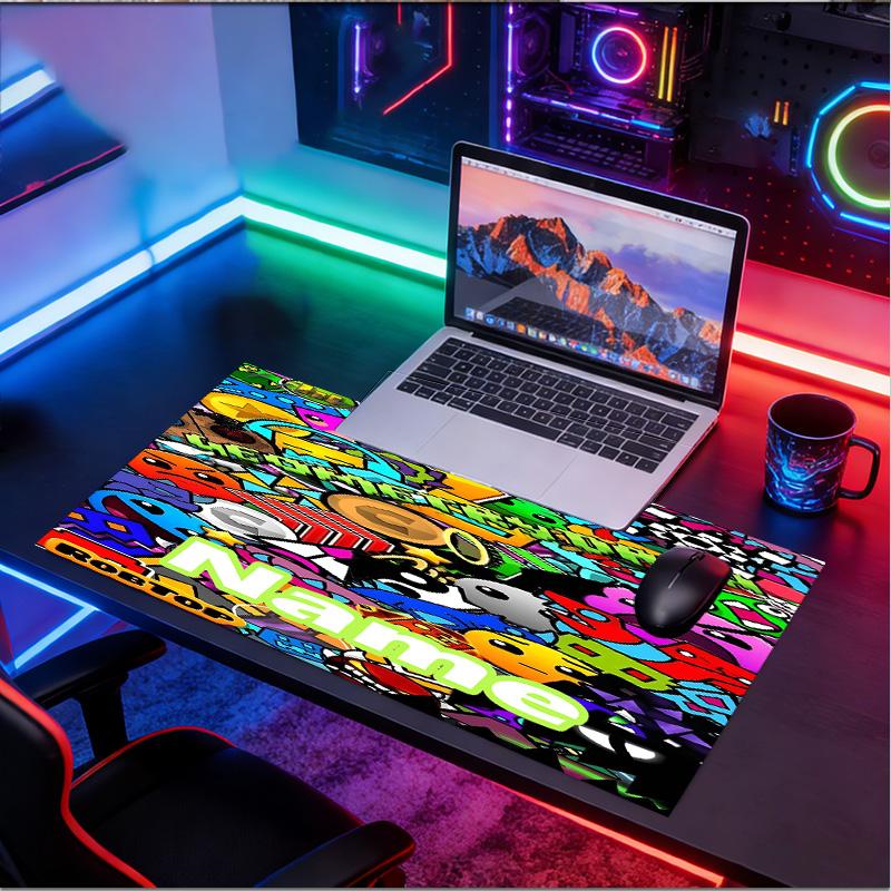 Custom Name Personalized Geometry Dash Pattern Mousepad, Laptop PC Desk Mat, Decorative Desk Mat for Home Keyboard Pad Gift