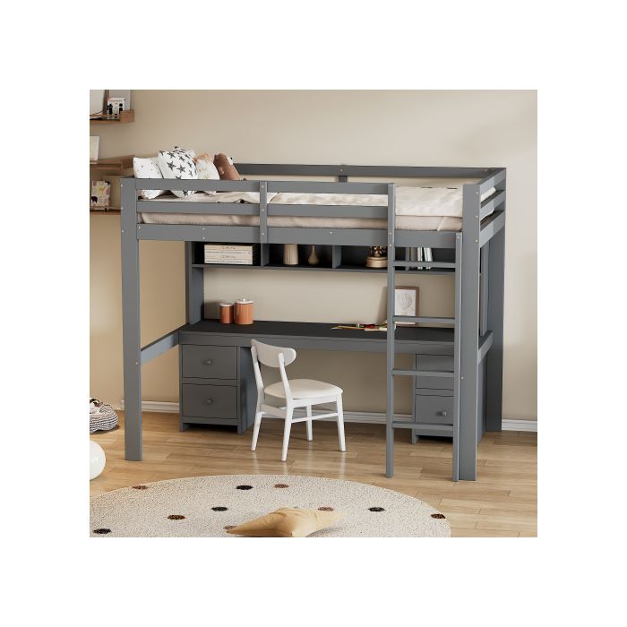 Hochbett - MUVOE - 90x200 cm - Grau - Integrierter Tisch - 4 Aufbewahrungsschubladen