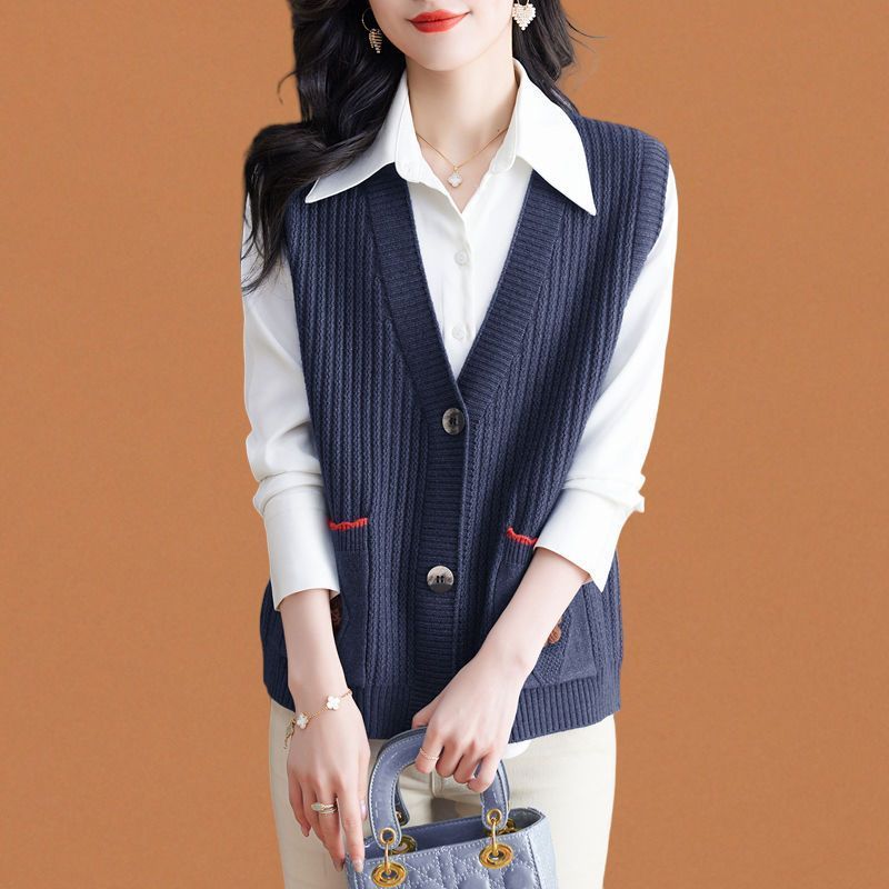 Knitted V-neck Vest Cardigan Women's Spring and Autumn Loose Jacket Sleeveless Pocket Vest Top