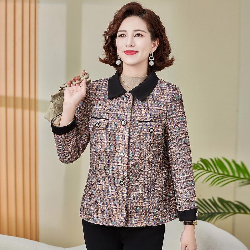 2025 Spring & Autumn Color Block Turn-Down Collar Jacket for Middle-Aged & Elderly Women