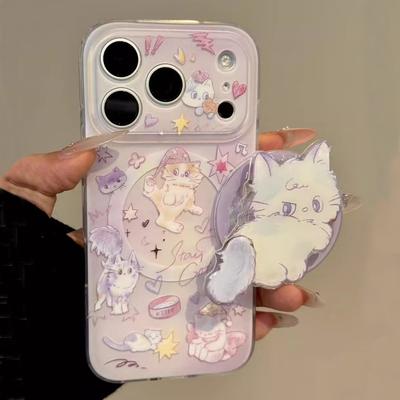 Funny Cute Kitten Cartoon Cat Magnetic Grip Tok Phone Case for iPhone 15 14 16 17 Pro Max 13  Wireless Charge Cover for Magsafe