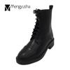 Fashion Winter Boots Women Zipper&Lace-Up Motorcycle Botas PU Leather Botines Mid-Calf Low Square Heels Riding Knight Booties Mujer