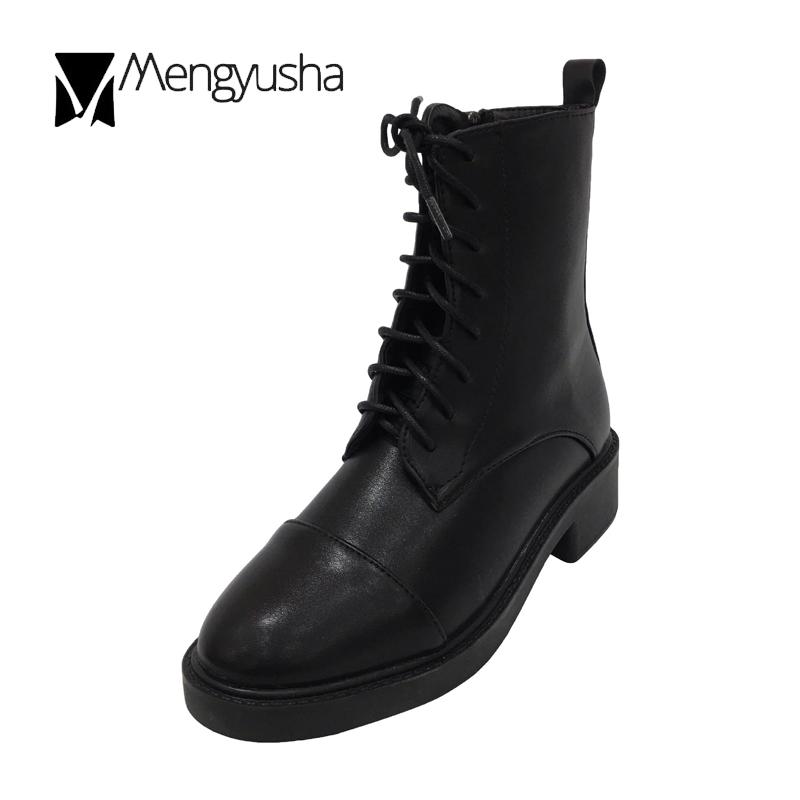 Fashion Winter Boots Women Zipper&Lace-Up Motorcycle Botas PU Leather Botines Mid-Calf Low Square Heels Riding Knight Booties Mujer