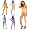 Women Rave Club Jumpsuit Asymmetrical Shiny Metallic Bodysuit Single Long Sleeve Mock Neck Back Invisible Zip for Carnival Party