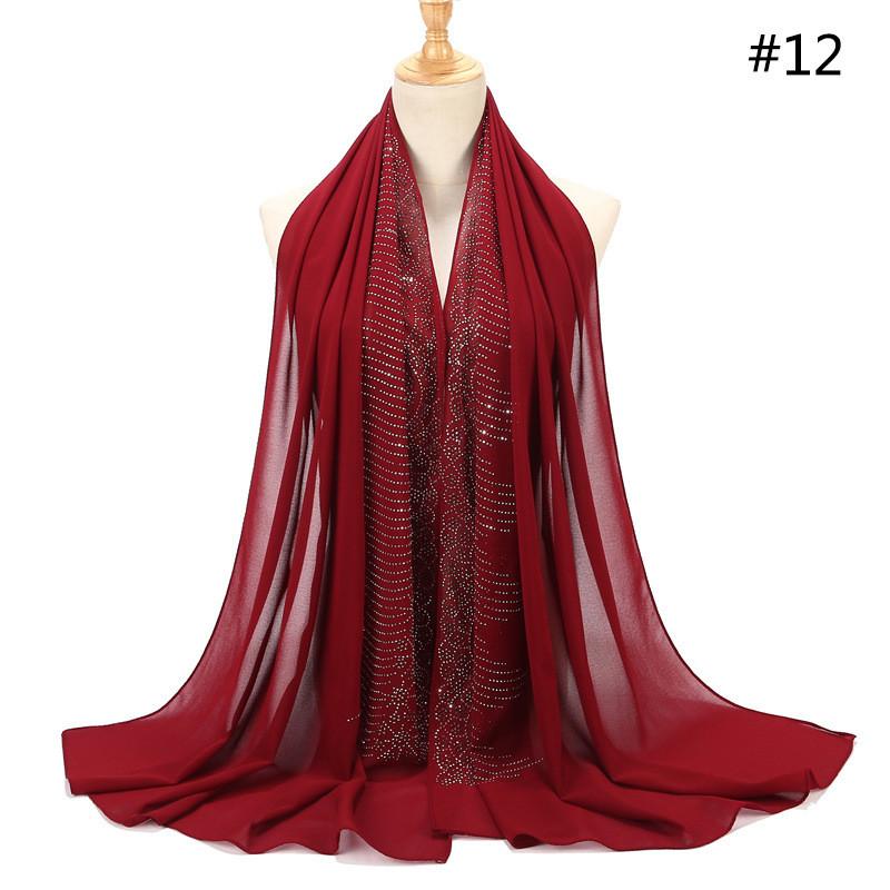 Women Rhinestone Chiffon Solid Color Muslim Head Scarf Shawls And Wraps Pashmina Bandana Female Foulard Hijab Stores