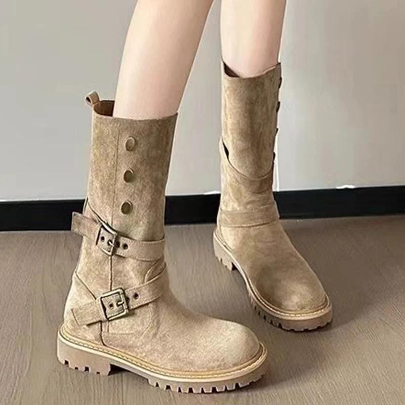 

Замшевые толстые женские высокие сапоги дизайнерские туфли на среднем каблуке с пряжкой 2025 года, зимние туфли-лодочки в готическом стиле средней длины для мотоциклистов Botas De Mujer 40 хаки