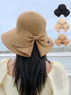 1pc Women Straw Hat With Bowknot & Wide Brim For Spring/Summer Beach Outings, Outdoor New Fashion Sun Protection Hat