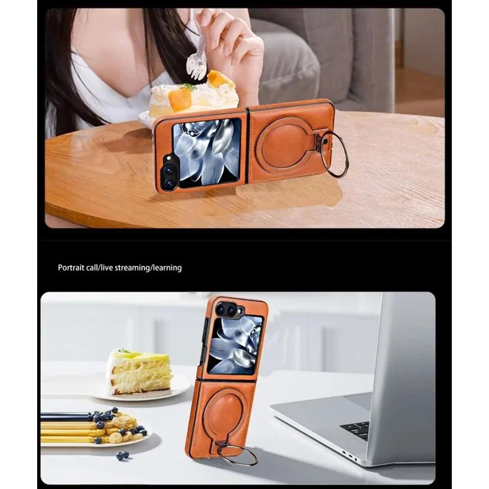 Premium Leather Magnetic Fold Phone Case for Samsung Galaxy Z Flip 7 FE 6 5 4 3 Anti-Drop Fine Metal Ring Bracket Protect Cover