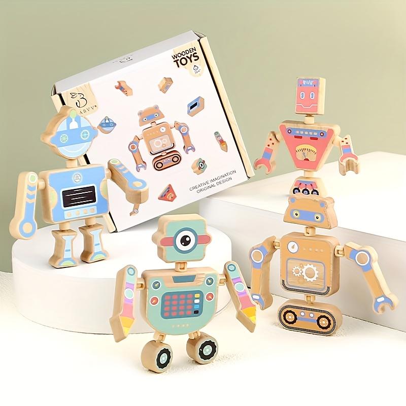 New Wooden Assembled Robot Toys, Fun Snap Design, 4 Different Robots Desktop Game, Christmas Easter Gift for Boys And Girls Over 3 Years Old