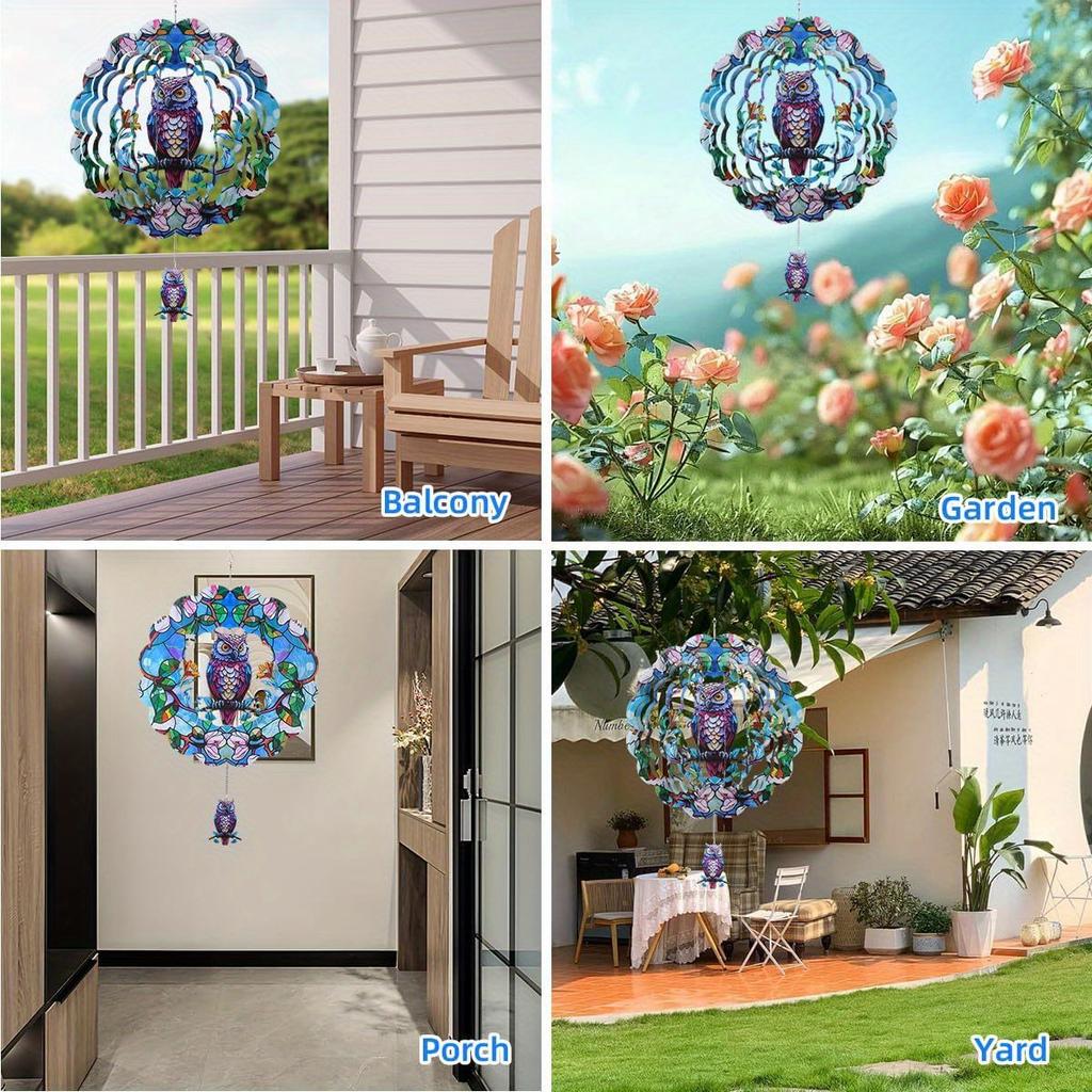 Wind Spinners Outdoor, Owl Metal 3D Hanging Garden Decor, 12-inch Stainless Steel Wind Spinner with Tail Spinner