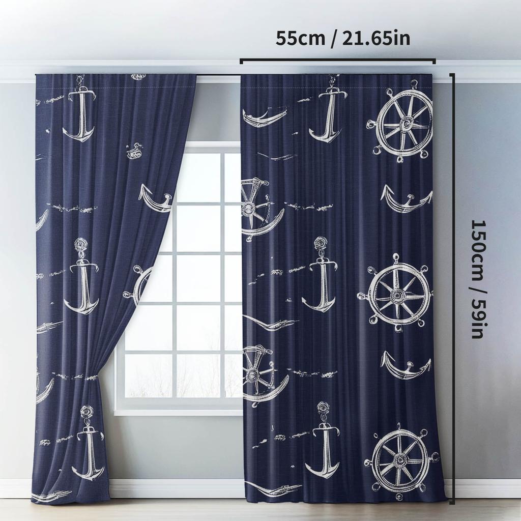 Navy Blue Nautical Curtains Drapes Coastal Marine Decor Anchor Ship Wheel Pattern Window Coverings Grommet Curtains for Beach