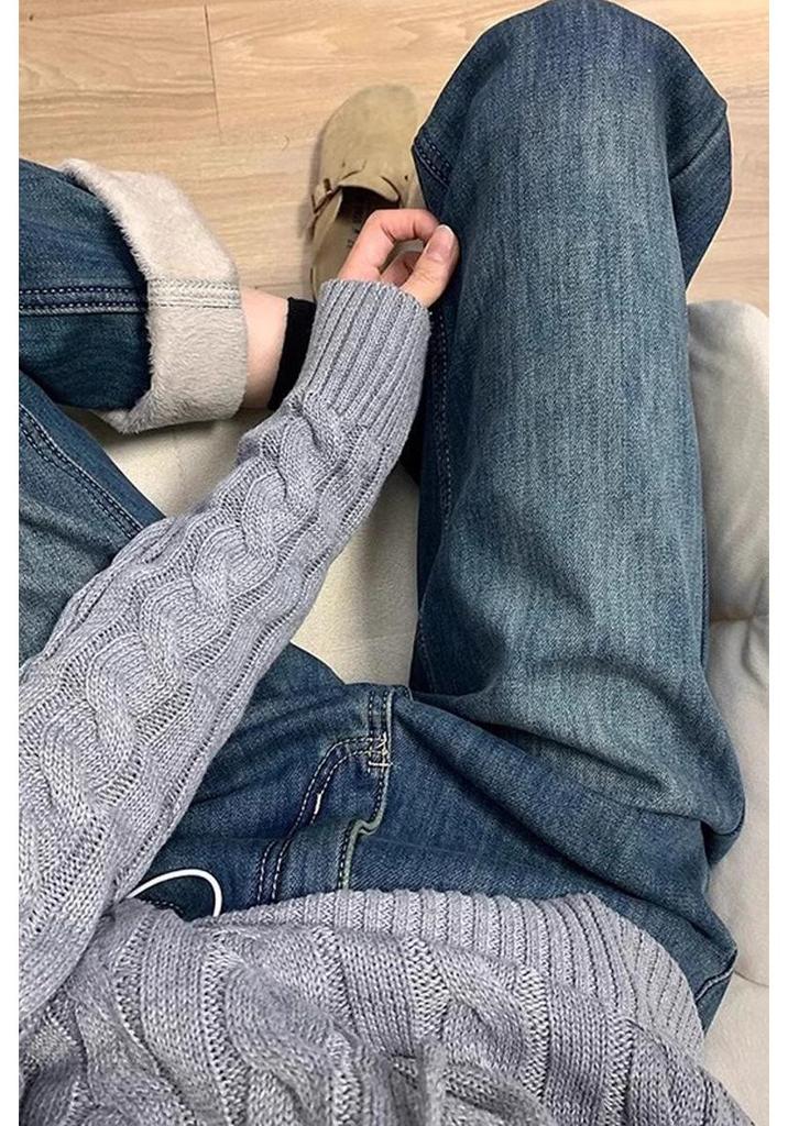 Women's Plus Size Retro Blue Velvet-Lined Straight-Leg High-Waist Jeans - Winter Slimming Wide-Leg Pants