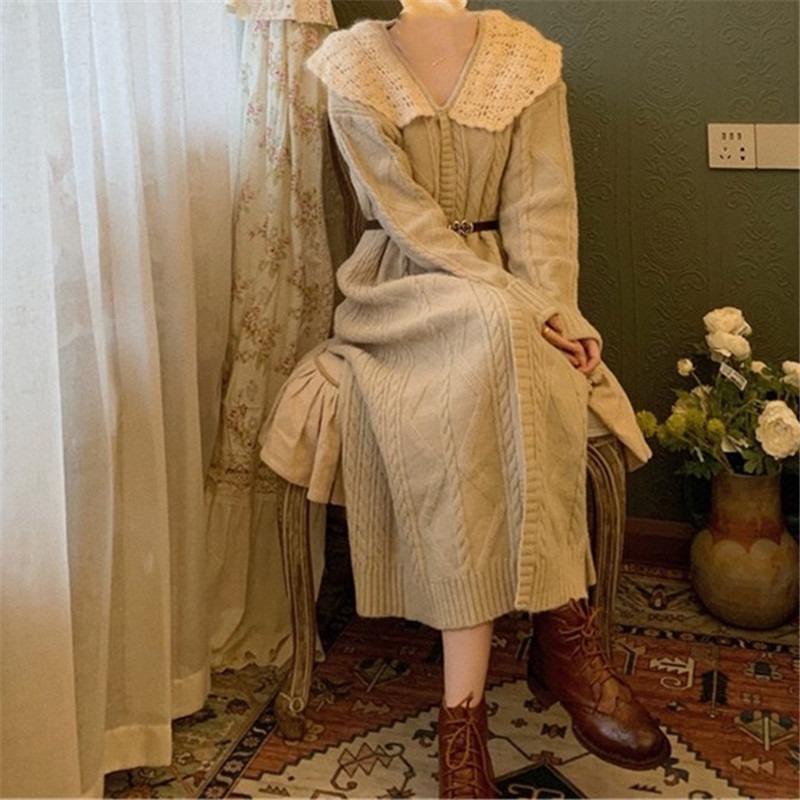 Retro gentle knitted dress for women's autumn and winter new loose and lazy style medium and long inner sweater skirt