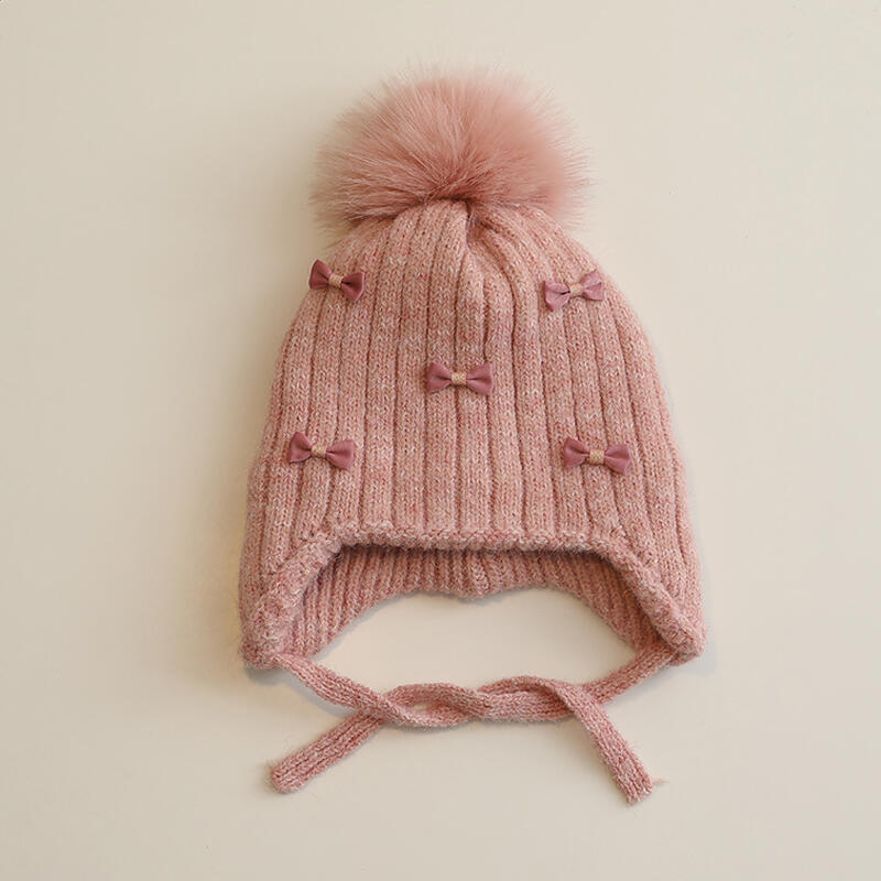 Winter Baby Girls Hat Double-Layer Cute Bows Knitted Hats Ear Protection Warm Beanie Big Pompom Kids Accessories 2-6 Years Old