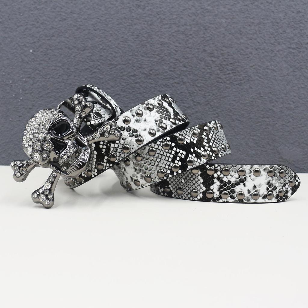 Y2K Rhinestone Skull & Snake Punk Belt - Unisex Leather with Rivet Decoration