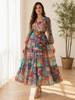 New European and American style V-neck long-sleeved printed big pendulum chiffon dress women's fashion dress