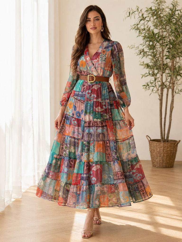 New European and American style V-neck long-sleeved printed big pendulum chiffon dress women's fashion dress