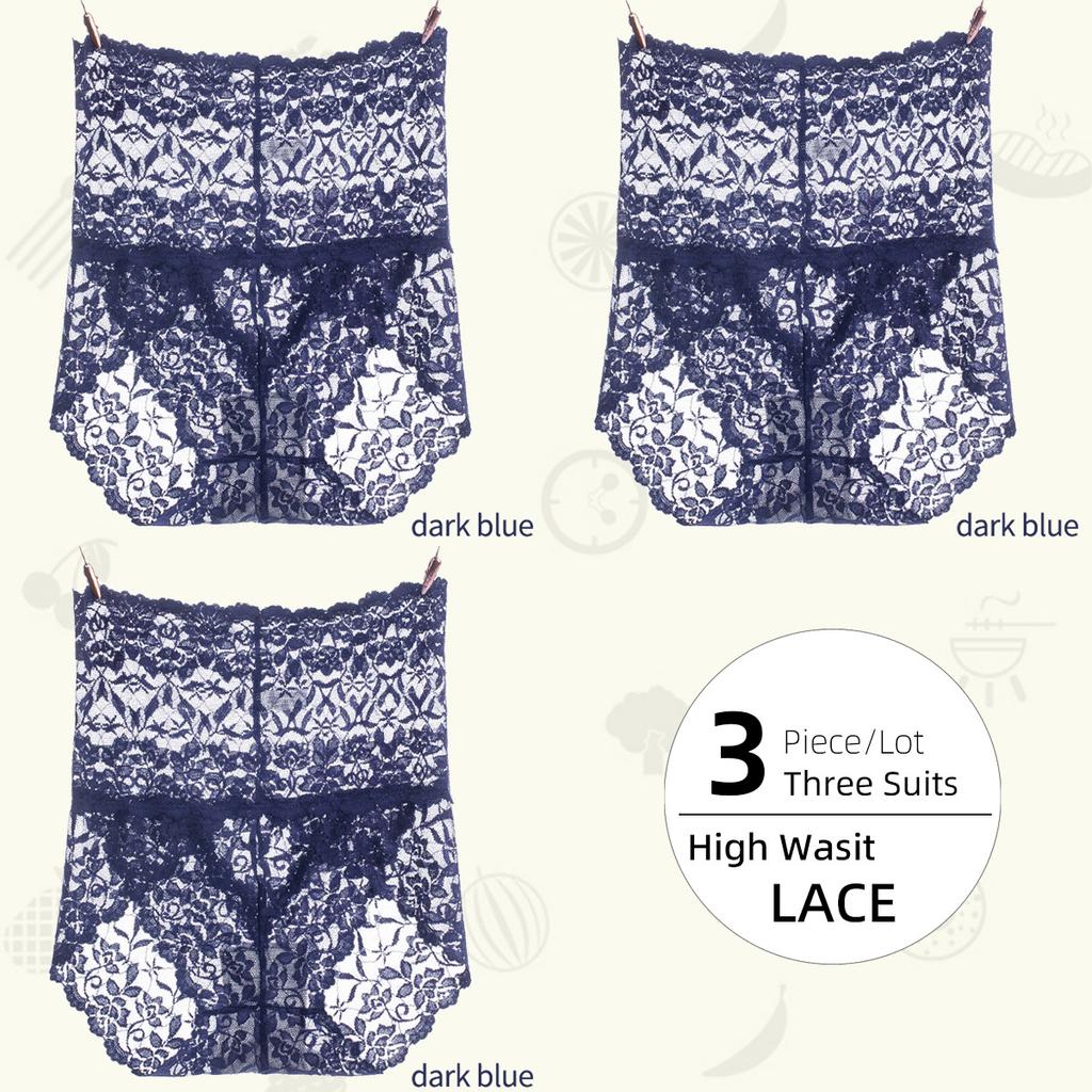 3Pieces/Lot High Waist Light Sexy Elastic Lace Women's Panties, Pure Cotton Crotch Comfortable Non-marking Breathable Lightweight Underwear Briefs